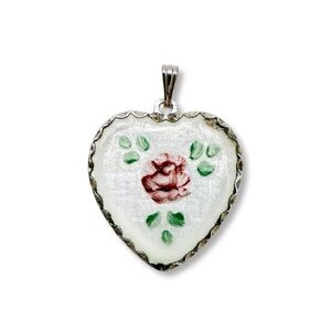 Vintage Beau Signed Guilloche Enamel Floral Heart Pendant